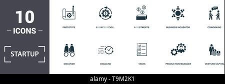 Startup icons set collection. Includes simple elements such as Competition, Prototype, Business Model, Investments, Business Incubator, Discover and D Stock Vector