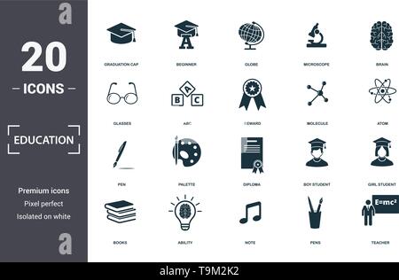 Education icons set collection. Includes simple elements such as Graduation Cap, Beginner, Globe, Microscope, Brain, Palette and Diploma premium icons Stock Vector