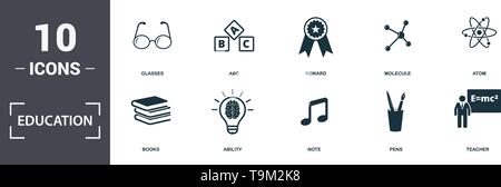 Education icons set collection. Includes simple elements such as Brain, Glasses, Abc, Reward, Molecule, Books and Ability premium icons. Stock Vector