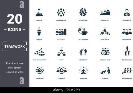 Teamwork icons set collection. Includes simple elements such as Mission, Cooperation, Brainstorm, Hierarchy, Occupation, Unity and Team Spirit premium Stock Vector