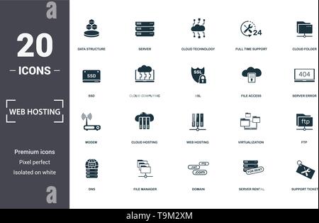 Web Hosting icons set collection. Includes simple elements such as Data Structure, Server, Cloud Technology, Full Time Support, Cloud Folder, Cloud Ho Stock Vector