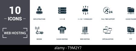 Web Hosting icons set collection. Includes simple elements such as Server Error, Modem, Cloud Hosting, Web Hosting, Virtualization, and Pool Swimming  Stock Vector