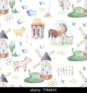 Watercolor seamless pattern with cute farm animals with goat, horse, goose and cow. chicken, sheep and pig domestic animal illustration. Stock Photo