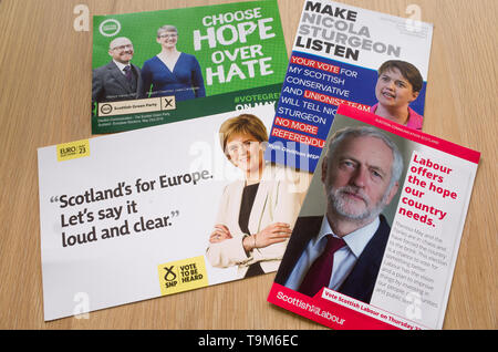 European Elections 2019 leaflets from SNP, Scottish Labour, Scottish Green Party, Scottish Labour and Scottish Conservative parties. Stock Photo