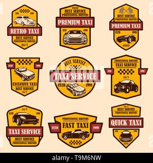 Set of taxi service emblems. Design element for logo, label, sign, poster, card. Vector illustration Stock Vector