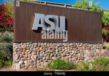 TEMPE, AZ/USA - APRIL 10, 2019: Entrance sign to the campus of Arizona State University. Stock Photo