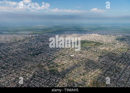 Aerial image showing the skyline and extent city of Rosario in Argentina, with in particular the distrito centro witht he remarkable Sociedad Del Esta Stock Photo