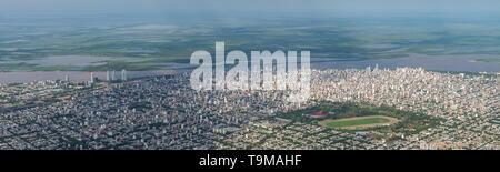 Aerial image showing the skyline and extent city of Rosario in Argentina, with in particular the distrito centro witht he remarkable Sociedad Del Esta Stock Photo