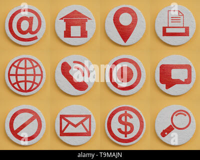 Set of main icons for web site or mobile application. Realism design concept. Red painted symbols on white texture coating round surface. Easy to extr Stock Photo