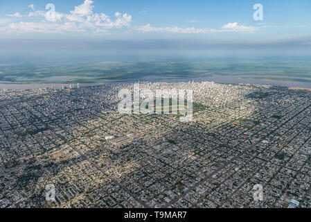 Aerial image showing the skyline and extent city of Rosario in Argentina, with in particular the distrito centro witht he remarkable Sociedad Del Esta Stock Photo