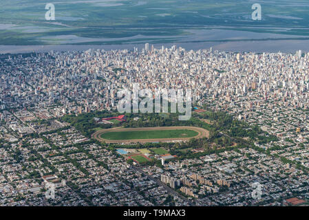 Aerial image showing the skyline and extent city of Rosario in Argentina, with in particular the distrito centro witht he remarkable Sociedad Del Esta Stock Photo