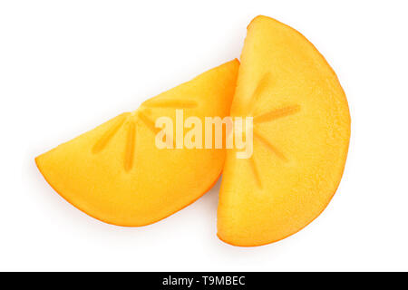 slice of Persimmon fruit isolated on white background close-up, Top view. Flat lay Stock Photo