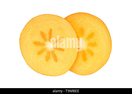 slice of Persimmon fruit isolated on white background close-up, Top view. Flat lay Stock Photo