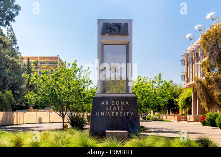 TEMPE, AZ/USA - APRIL 10, 2019: Entrance sign to the campus of Arizona State University. Stock Photo