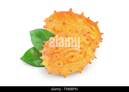 Kiwano or horned melon with leaf isolated on white background Stock Photo