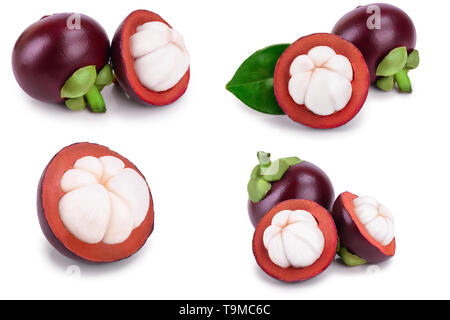 ripe mangosteen with leaves isolated on white background closeup. Set or collection Stock Photo