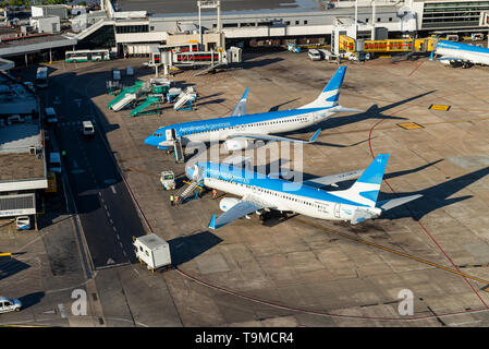 Aerial image showing the Aeroparque Jorge Newbery with mainly planes of Aerolíneas Argentinas (being 2 Boeing 737-800 with registration LV-GKS and LV- Stock Photo
