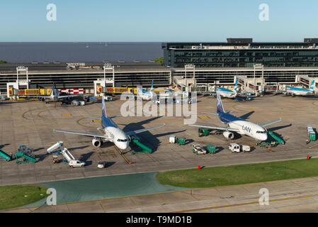 Aerial image showing LV-GLP and LV-BGI, being Airbus A320-233, of LATAM Airlines Argentina, (formerly LAN Argentina) at Jorge Newbery Airfield (Spanis Stock Photo