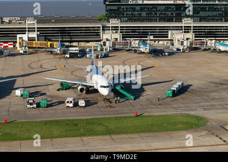 Aerial image showing LV-GLP and LV-BGI, being Airbus A320-233, of LATAM Airlines Argentina, (formerly LAN Argentina) at Jorge Newbery Airfield (Spanis Stock Photo