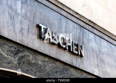 Logo on the facade of Taschen art book shop in Mayfair, London, UK Stock Photo