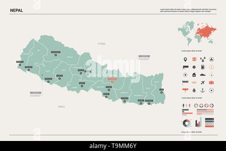 Vector map of Nepal. Country map with division, cities and capital Kathmandu. Political map,  world map, infographic elements. Stock Vector