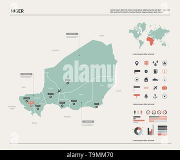 Vector map of Niger. Country map with division, cities and capital Niamey. Political map,  world map, infographic elements. Stock Vector