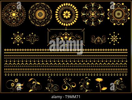 Vintage gold round calligraphy ornaments and border on black background Stock Vector