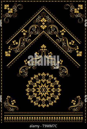 Luxury gold calligraphy oriental ornaments and corner on black background Stock Vector