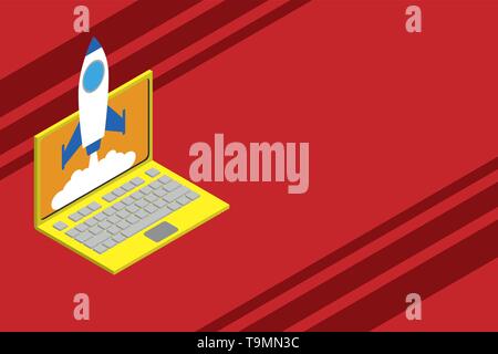 Rocket launching clouds laptop background. Startup project growing. SEO Design business concept Empty copy space modern abstract background Stock Vector