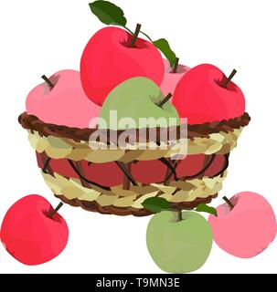 Fresh apples in wicket basket, vector flat isolated illustration Stock Vector