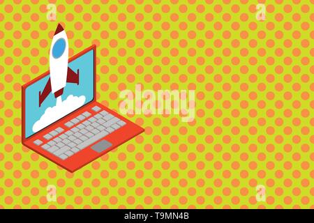 Rocket launching clouds laptop background. Startup project growing. SEO Business concept Empty template copy space isolated Posters coupons promotiona Stock Vector