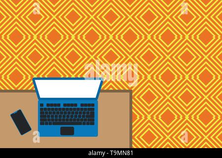 Upper view office working place laptop lying wooden desk smartphone side Design business concept Empty copy text for Web banners promotional material  Stock Vector