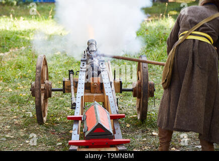 The moment of the shot from the old Russian cannon of the 17th century Stock Photo