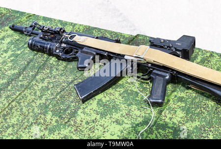 Samara, Russia - May 18, 2019: Kalashnikov ak-47 rifle with under-barrel grenade launcher Stock Photo