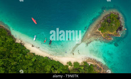 Aerial of San Chao Beach at Koh Rang in Koh Chang National Park, Trat, Thaialnd: Popular places that tourists like to dive, watch fish and underwater 