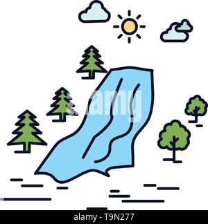 waterfall, tree, pain, clouds, nature Flat Color Icon Vector Stock Vector
