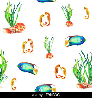 Watercolor hand painted seamless pattern of water-plants, shells, Hippocampus, Pomacanthus on white background Stock Photo