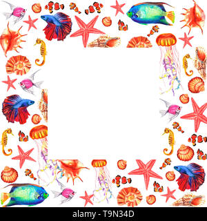 Watercolor hand painted square frame with water-plants, corals, fishes, shells on white background Stock Photo