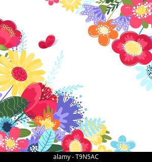 Summer background vector with flowers and a butterfly. Vector illustration with flowers in flat style isolated on white background. EPS 8. Stock Vector