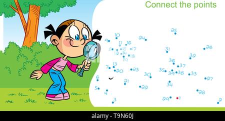 In vector illustration, a puzzle in which you need to connect the dots to find out who the girl met in the forest Stock Vector