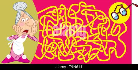 In vector illustration puzzle maze in which you need to help the grandmother to find glasses Stock Vector