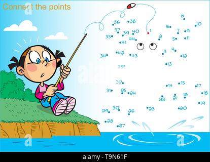 In vector illustration, a puzzle in which you need to connect the dots in order to find out who the girl caught fishing Stock Vector