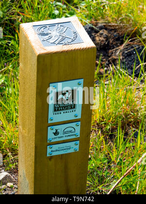 A marker post with information where butterflies may be found   Coatham Marsh Nature Reserve managed by the Cleveland Wildlife Trust in Spring Stock Photo