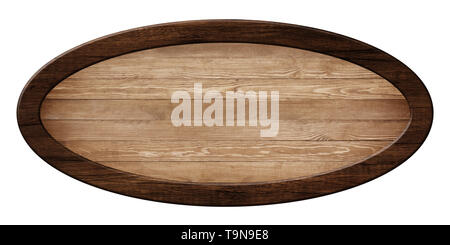 Empty oval signpost made of natural wood with dark wooden frame. Isolated on white background Stock Photo