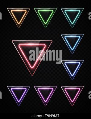 Neon light color set of shining rounded triangle. Stock Vector