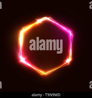 Red hexagon glowing light banner with text space. Stock Vector