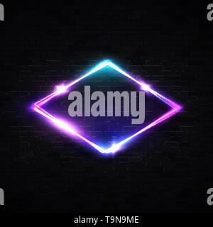Neon rhombus background on black brick wall. Stock Vector