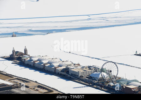 aerial view of Chicago Navy Pier and Lake Michigan in winter Stock Photo