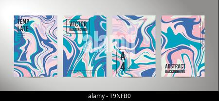 Four vector abstract background A4. Marble texture. Fluid art. Liquid mixed paint colors pink, blue, white. Colorful liquid. Template for poster, card, brochure, invitation, cover book catalogue Stock Vector