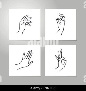Woman's hand line collection . Vector Illustration of female hands of different gestures - victory, okay. Lineart in a trendy minimalist style. Stock Vector
